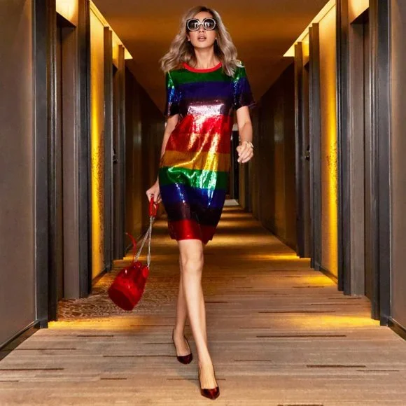 NWT MICHAEL KORS Rainbow Sequined Cotton-jersey T-shirt Dress size XXS
